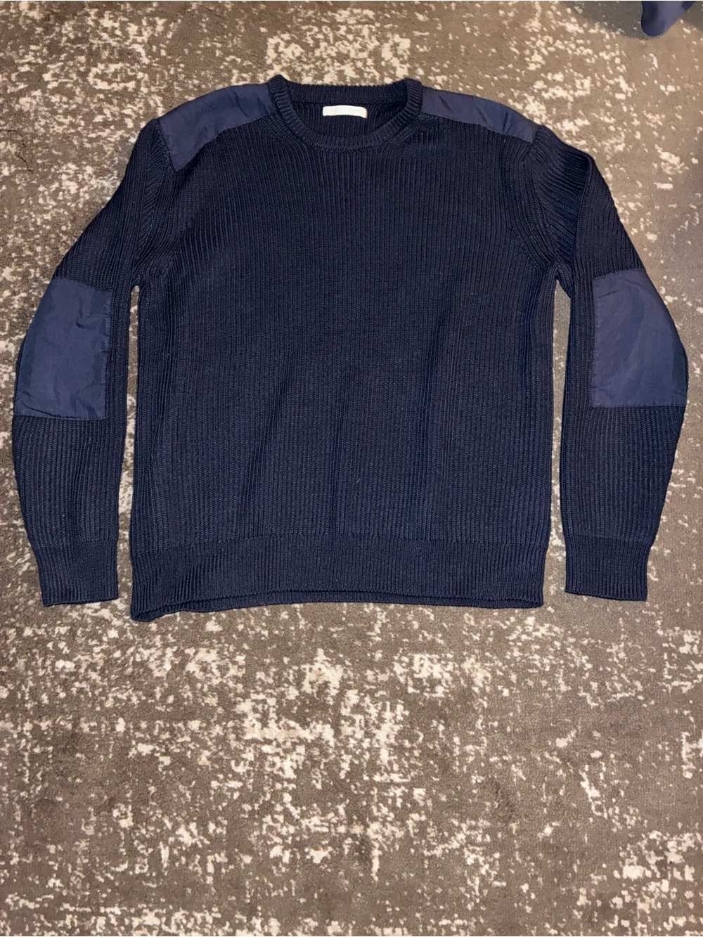 Zara Men's Navy Knit Sweater with Shoulder and Elbow Patches